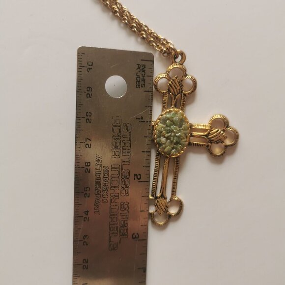 Faux Jade Stone Gold Tone Cross Pendant Necklace Vintage Gothic Rosary Baroque - Picture 7 of 7